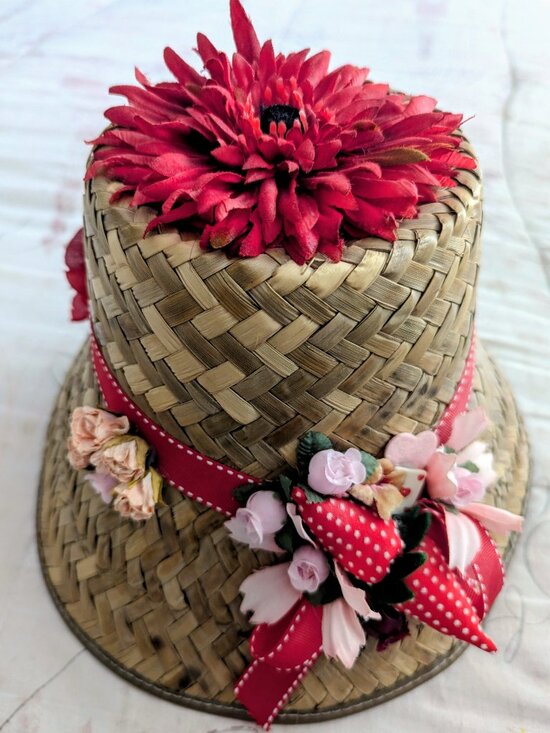 Vintage 1950\'s-60\'s Straw Floral Sun Hat-Tiki Hat-Flowers & Red Robbon Cute main image 8